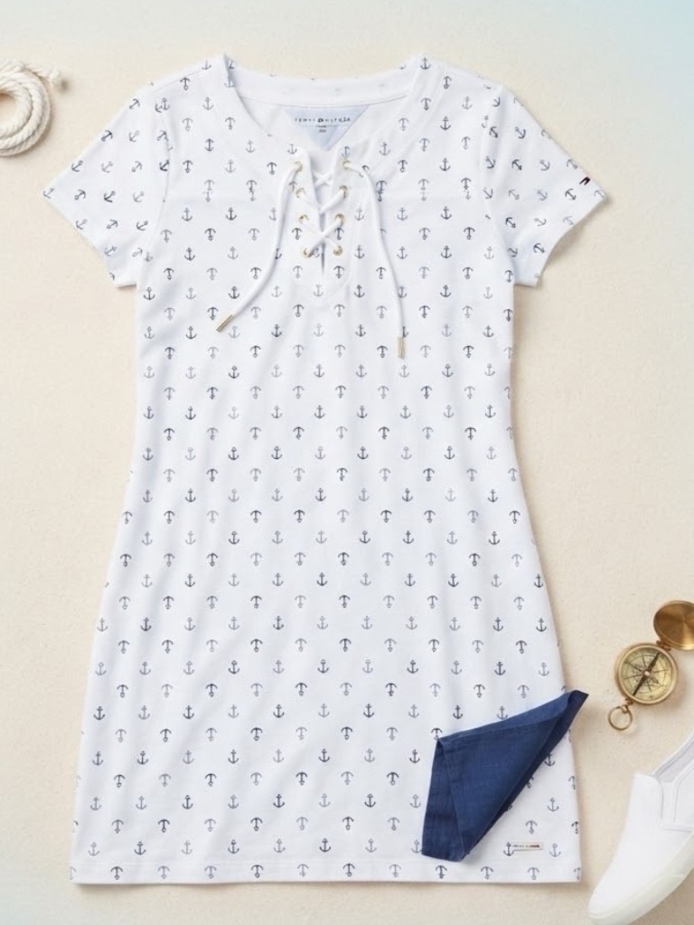 Tommy Hilfiger Nautical Anchor Shirt Dress White Navy Lace-Up Size Medium